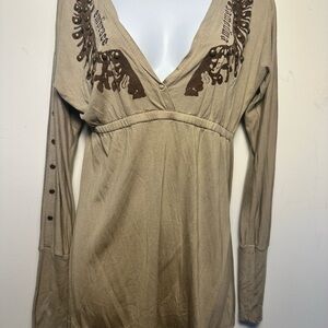 Treasure Rock Deep V-Neck Tan Long Sleeve Top